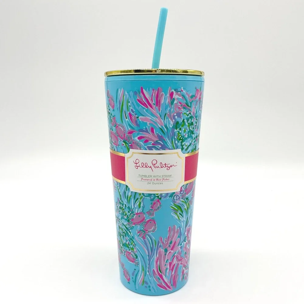 Lilly Pulitzer Women Tumbler 24 Oz Floral Best Fishes Blue‎ Pink Summer Coastal